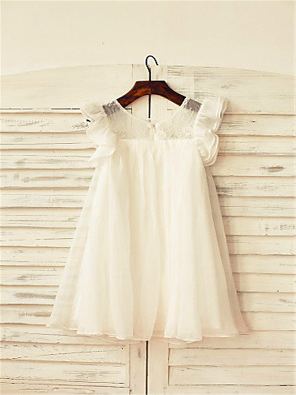 A-line Scoop Short Sleeves Lace Tea-Length Chiffon Flower Girl Dress