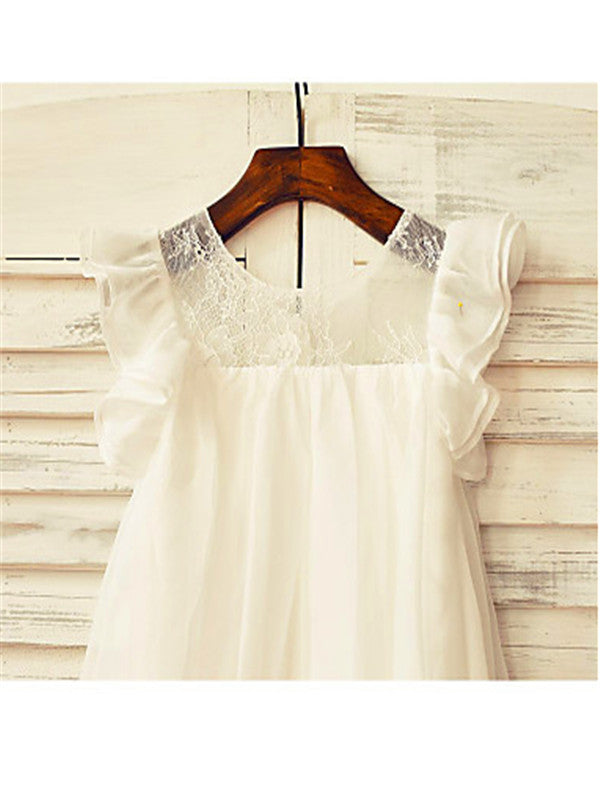 A-line Scoop Short Sleeves Lace Tea-Length Chiffon Flower Girl Dress