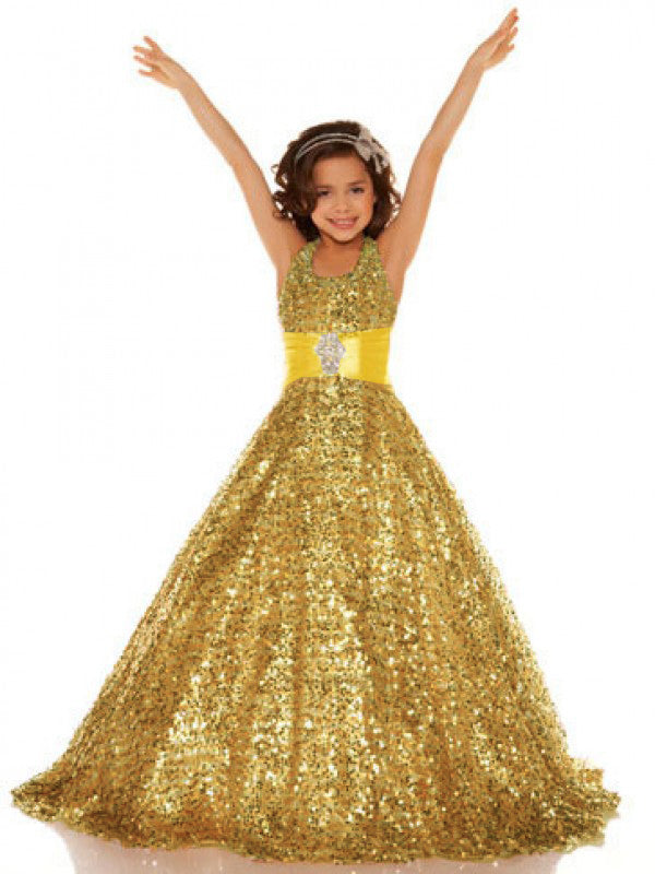 A-line Halter Sequin Floor-Length Sequins Flower Girl Dress