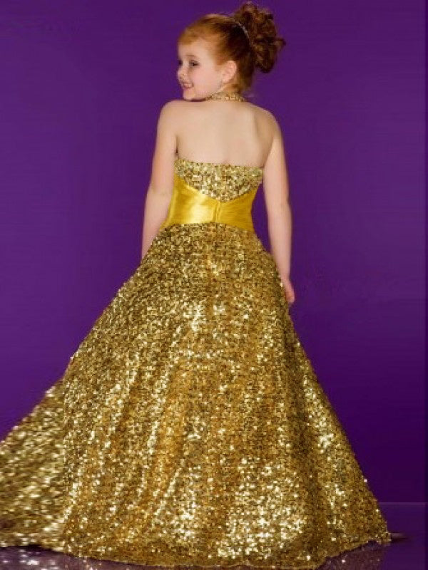 A-line Halter Sequin Floor-Length Sequins Flower Girl Dress