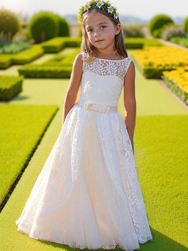 A-line Scoop Bow Floor-Length Lace Flower Girl Dress