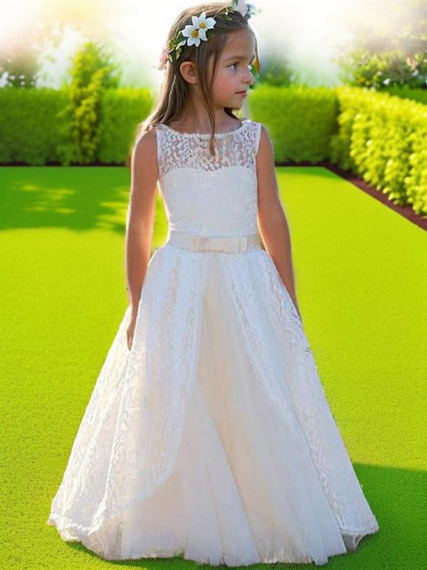 A-line Scoop Bow Floor-Length Lace Flower Girl Dress