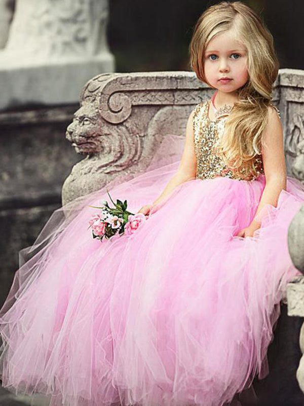 Ball-Gown Scoop Sequin Floor-Length Tulle Flower Girl Dress