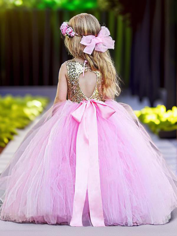 Ball-Gown Scoop Sequin Floor-Length Tulle Flower Girl Dress