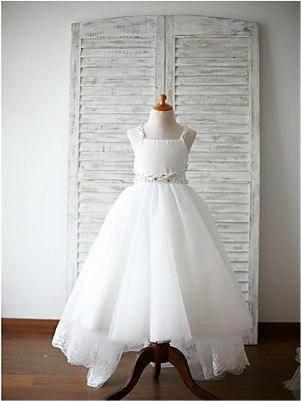 A-line Spaghetti Straps Sash/Ribbon/Belt Sweep Train Tulle Flower Girl Dress