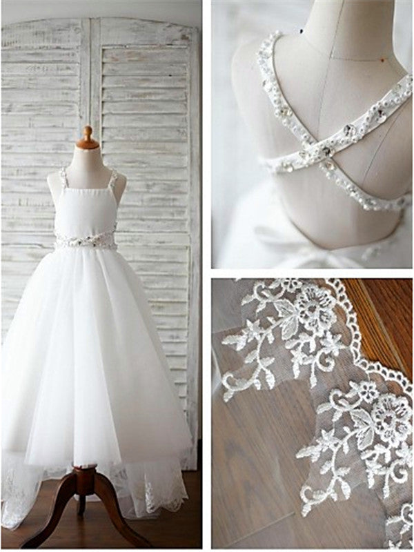 A-line Spaghetti Straps Sash/Ribbon/Belt Sweep Train Tulle Flower Girl Dress