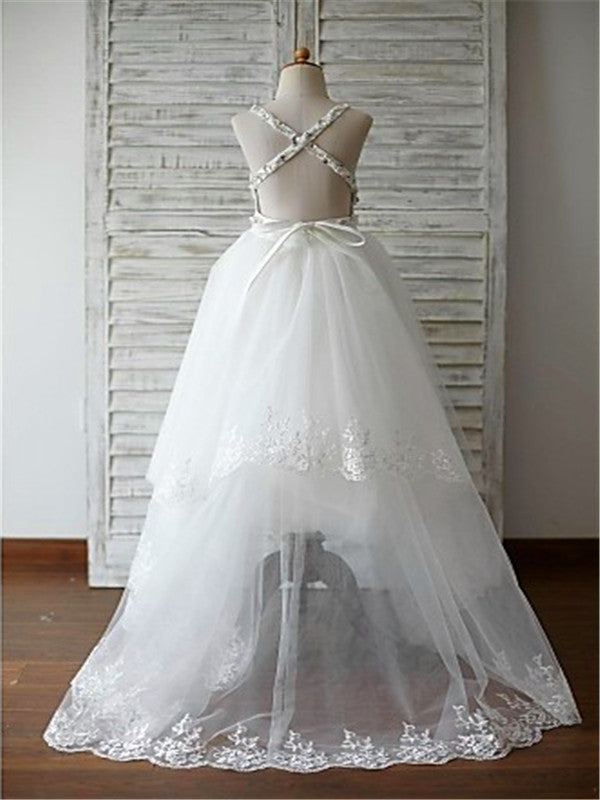 A-line Spaghetti Straps Sash/Ribbon/Belt Sweep Train Tulle Flower Girl Dress