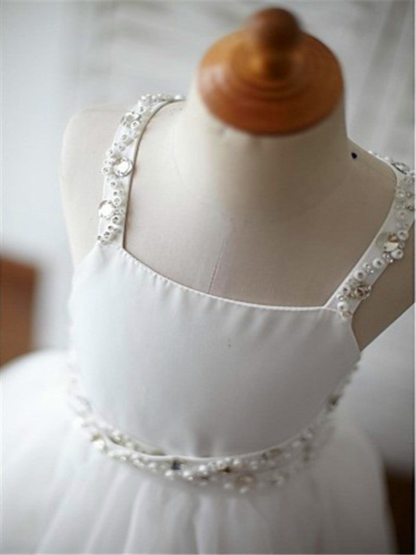 A-line Spaghetti Straps Sash/Ribbon/Belt Sweep Train Tulle Flower Girl Dress