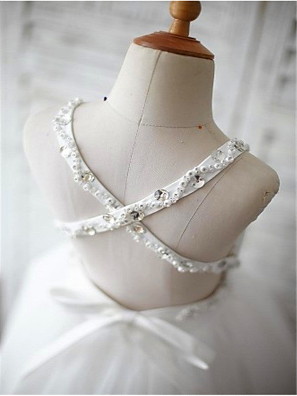 A-line Spaghetti Straps Sash/Ribbon/Belt Sweep Train Tulle Flower Girl Dress
