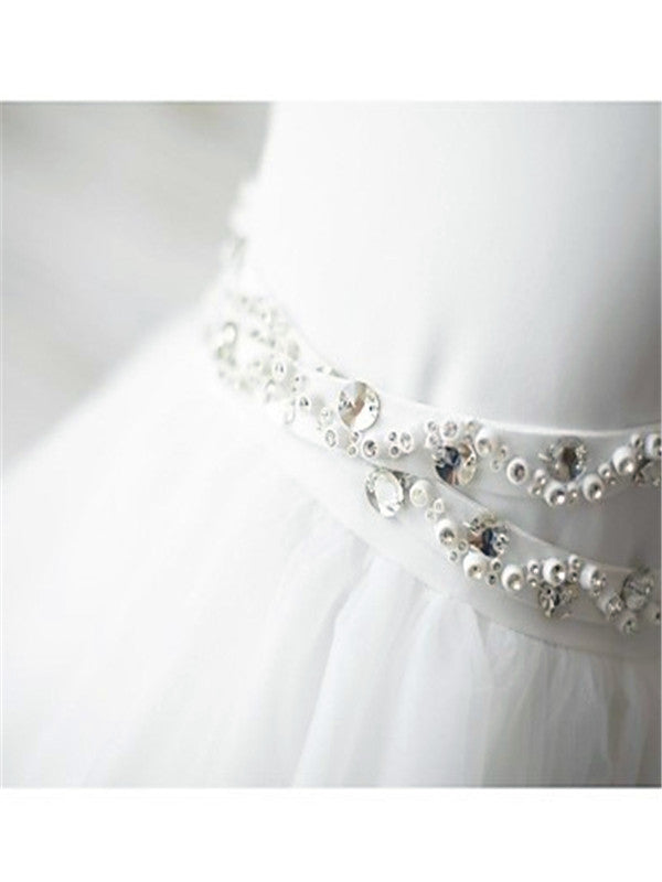 A-line Spaghetti Straps Sash/Ribbon/Belt Sweep Train Tulle Flower Girl Dress