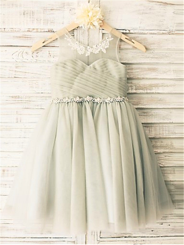 A-line Scoop Beading Tea-Length Tulle Flower Girl Dress