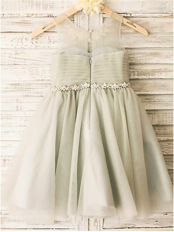 A-line Scoop Beading Tea-Length Tulle Flower Girl Dress