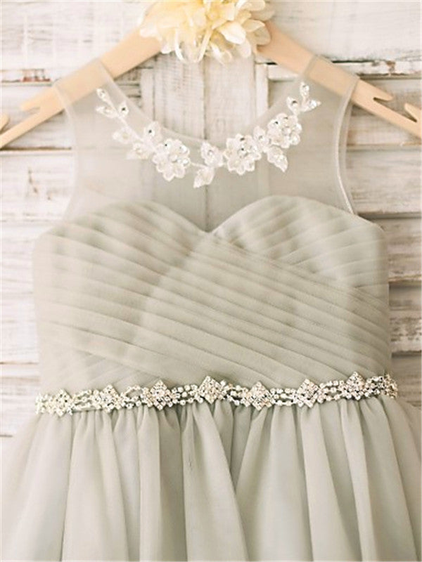 A-line Scoop Beading Tea-Length Tulle Flower Girl Dress