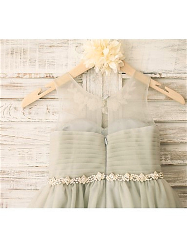 A-line Scoop Beading Tea-Length Tulle Flower Girl Dress