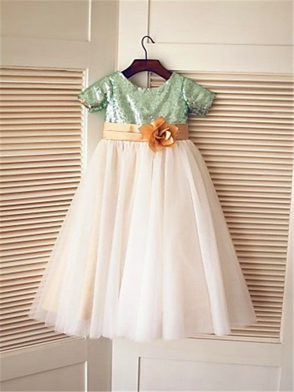 A-line Scoop Short Sleeves Sequin Tea-Length Sequins Flower Girl Dress