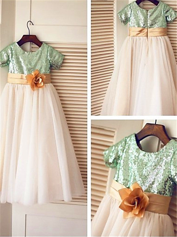 A-line Scoop Short Sleeves Sequin Tea-Length Sequins Flower Girl Dress