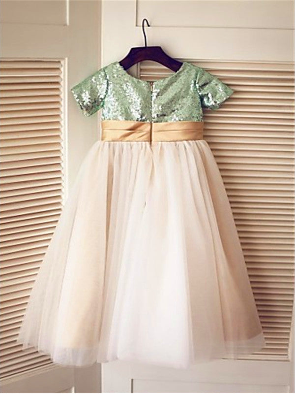 A-line Scoop Short Sleeves Sequin Tea-Length Sequins Flower Girl Dress