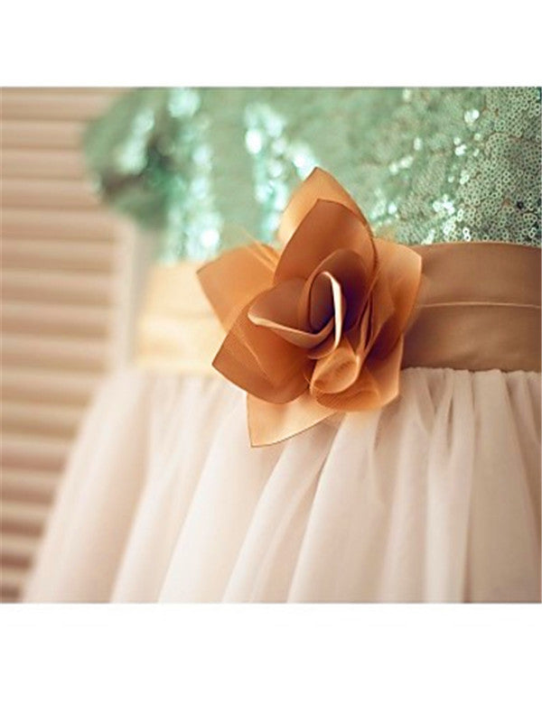 A-line Scoop Short Sleeves Sequin Tea-Length Sequins Flower Girl Dress