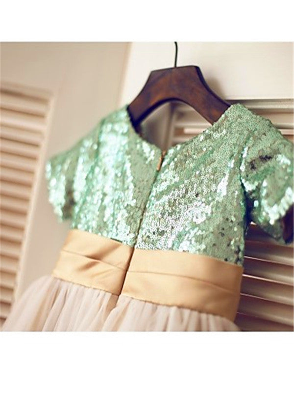 A-line Scoop Short Sleeves Sequin Tea-Length Sequins Flower Girl Dress