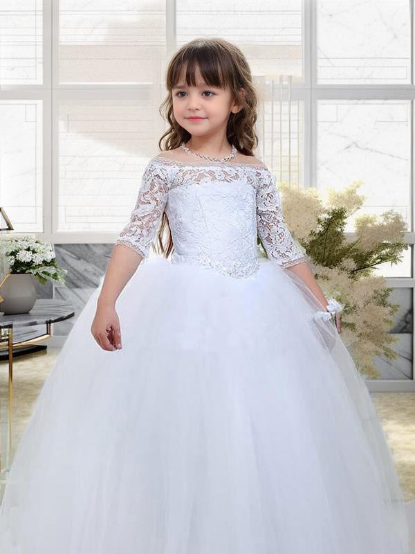 Ball-Gown Off-the-Shoulder 1/2 Sleeves Beading Floor-Length Tulle Flower Girl Dress