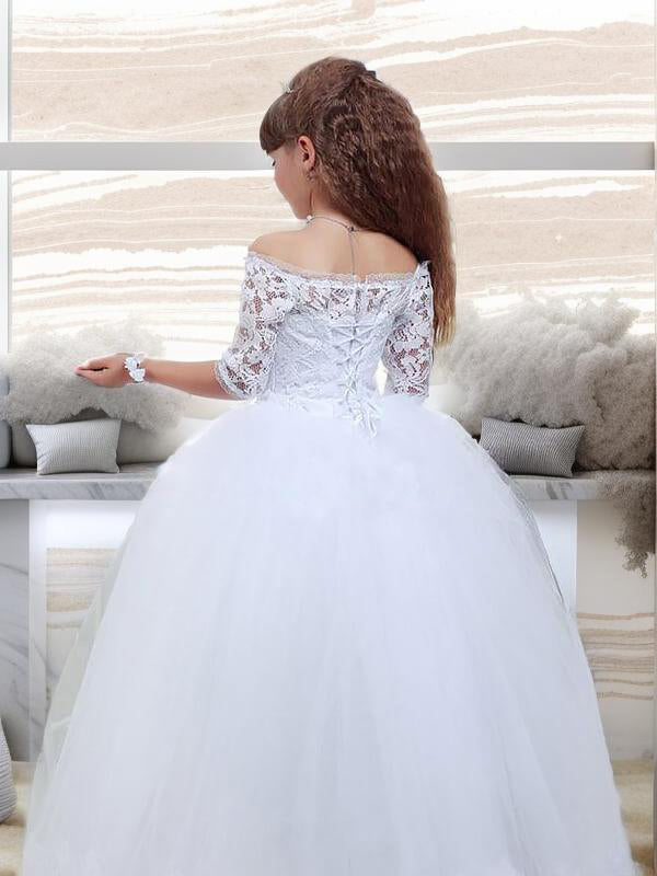 Ball-Gown Off-the-Shoulder 1/2 Sleeves Beading Floor-Length Tulle Flower Girl Dress