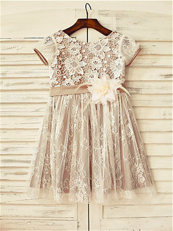A-line Scoop Short Sleeves Lace Tea-Length Lace Flower Girl Dress