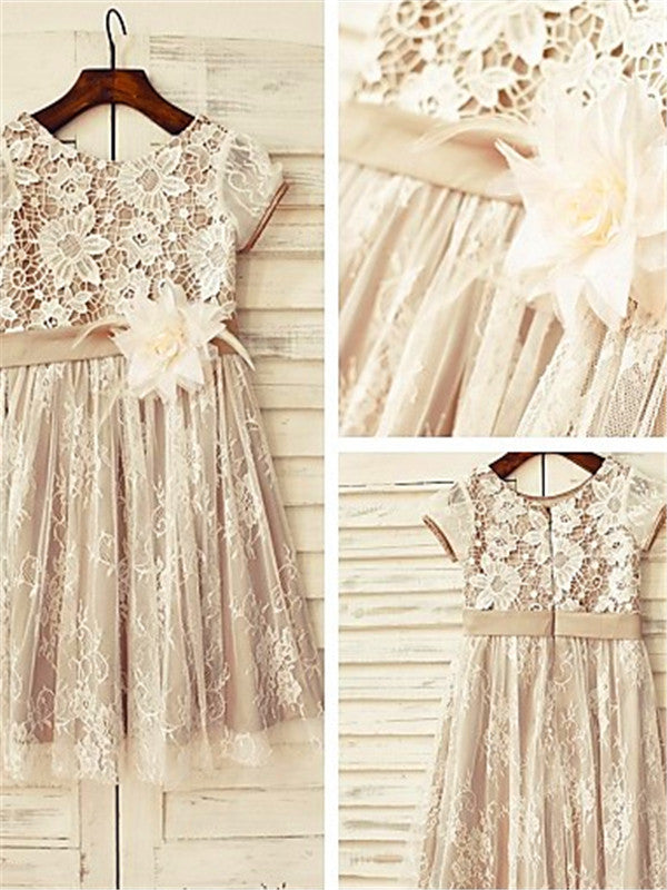 A-line Scoop Short Sleeves Lace Tea-Length Lace Flower Girl Dress