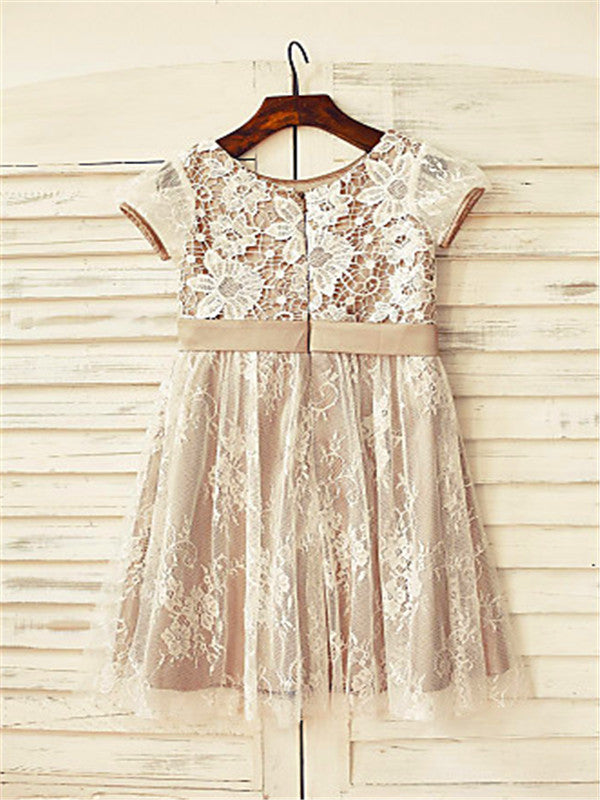 A-line Scoop Short Sleeves Lace Tea-Length Lace Flower Girl Dress