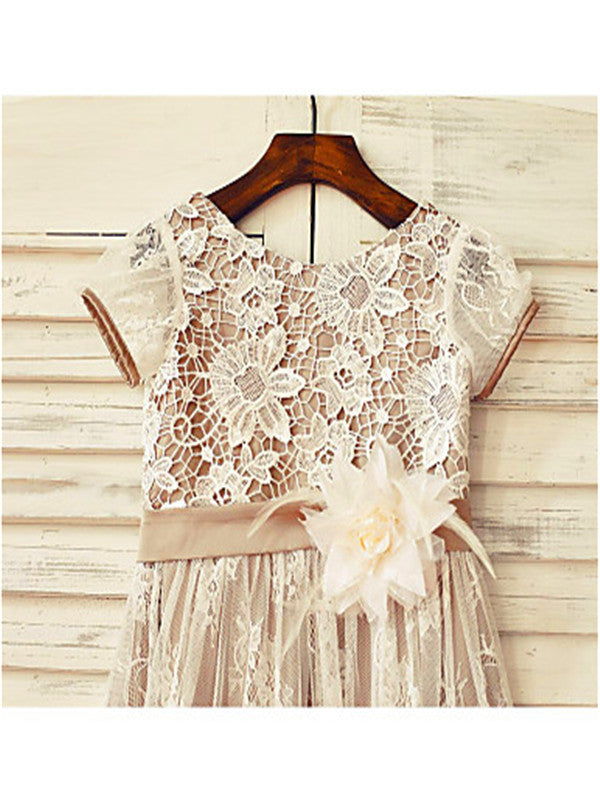 A-line Scoop Short Sleeves Lace Tea-Length Lace Flower Girl Dress