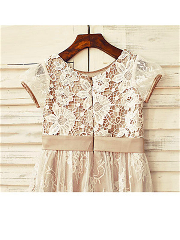 A-line Scoop Short Sleeves Lace Tea-Length Lace Flower Girl Dress