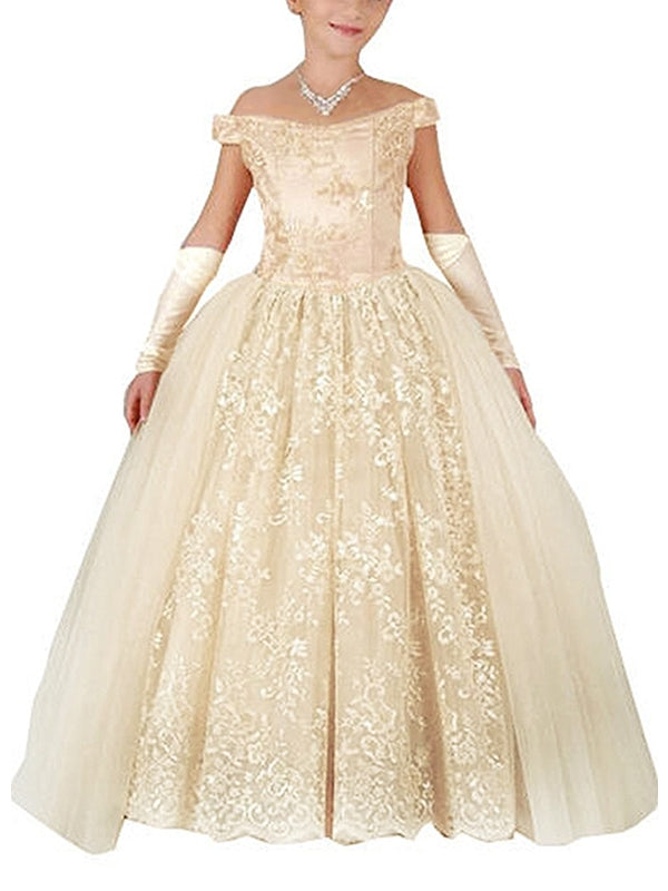 Ball-Gown Off-the-Shoulder Lace Floor-Length Tulle Flower Girl Dress