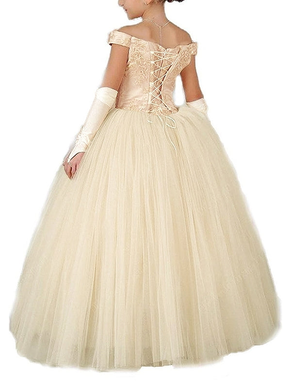 Ball-Gown Off-the-Shoulder Lace Floor-Length Tulle Flower Girl Dress