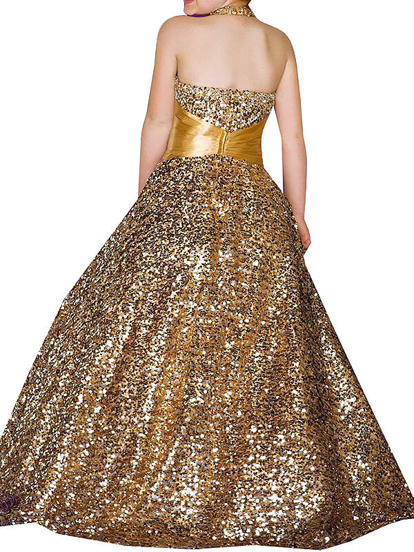 Ball-Gown Halter Sequin Floor-Length Sequins Flower Girl Dress