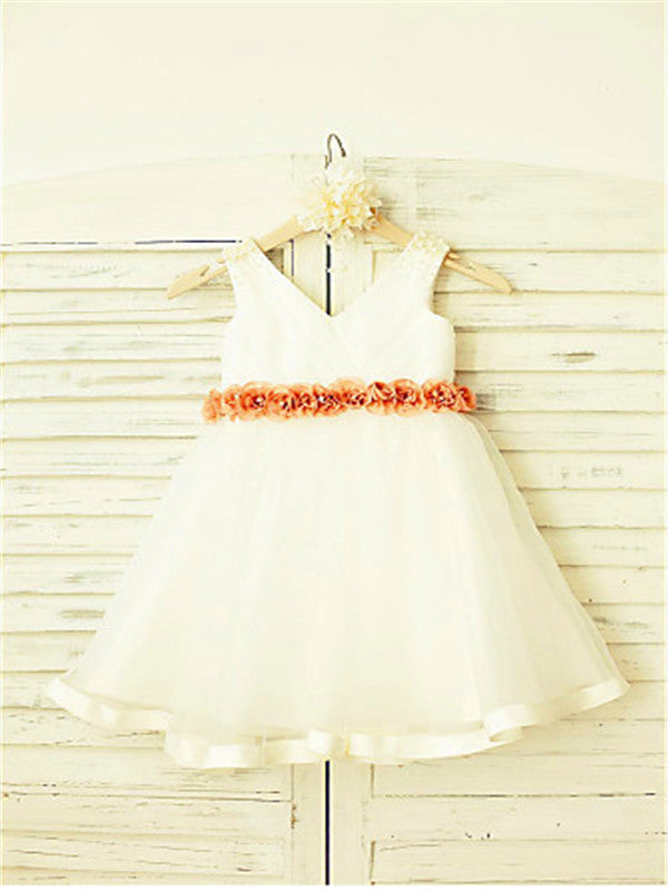A-line V-neck Flower Tea-Length Tulle Flower Girl Dress