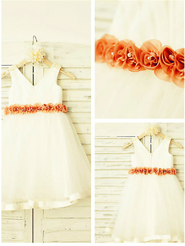 A-line V-neck Flower Tea-Length Tulle Flower Girl Dress