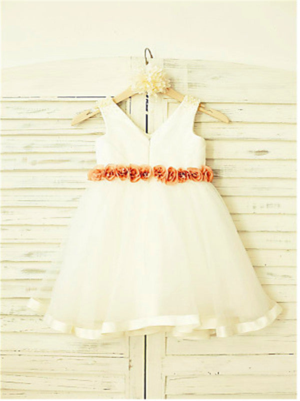 A-line V-neck Flower Tea-Length Tulle Flower Girl Dress