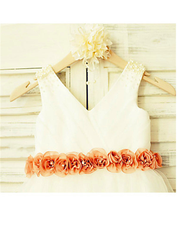 A-line V-neck Flower Tea-Length Tulle Flower Girl Dress