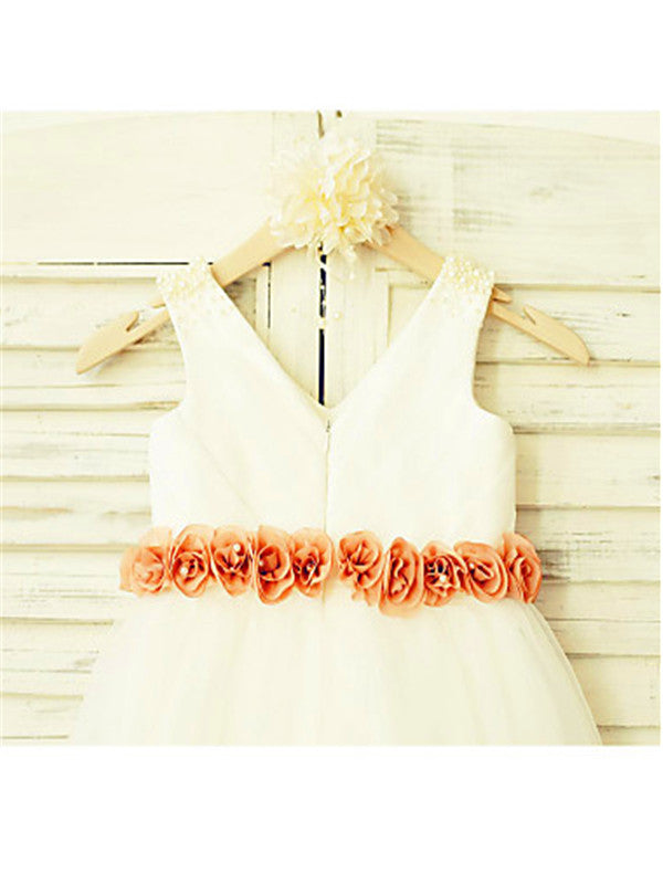 A-line V-neck Flower Tea-Length Tulle Flower Girl Dress
