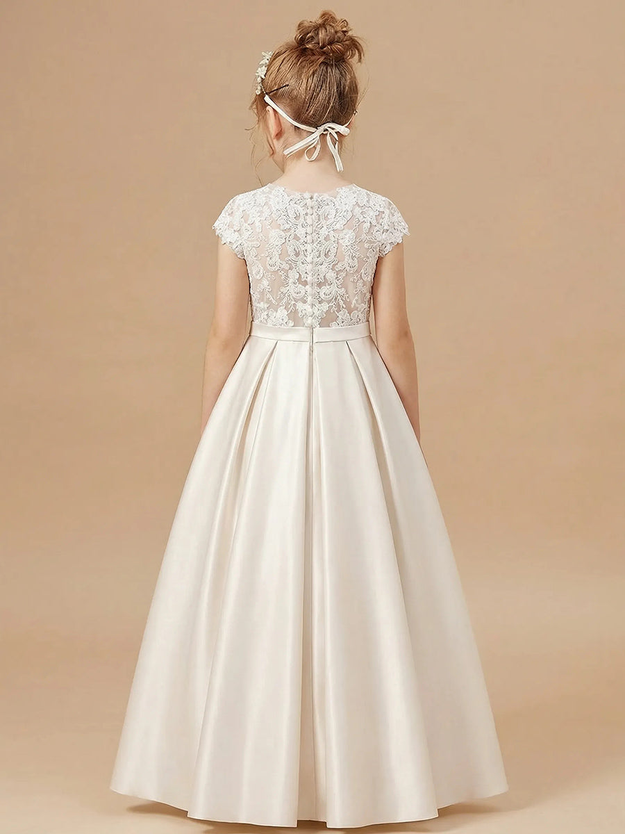 A-line Scoop Short Sleeves Bowknot Floor-Length Satin Flower Girl Dress