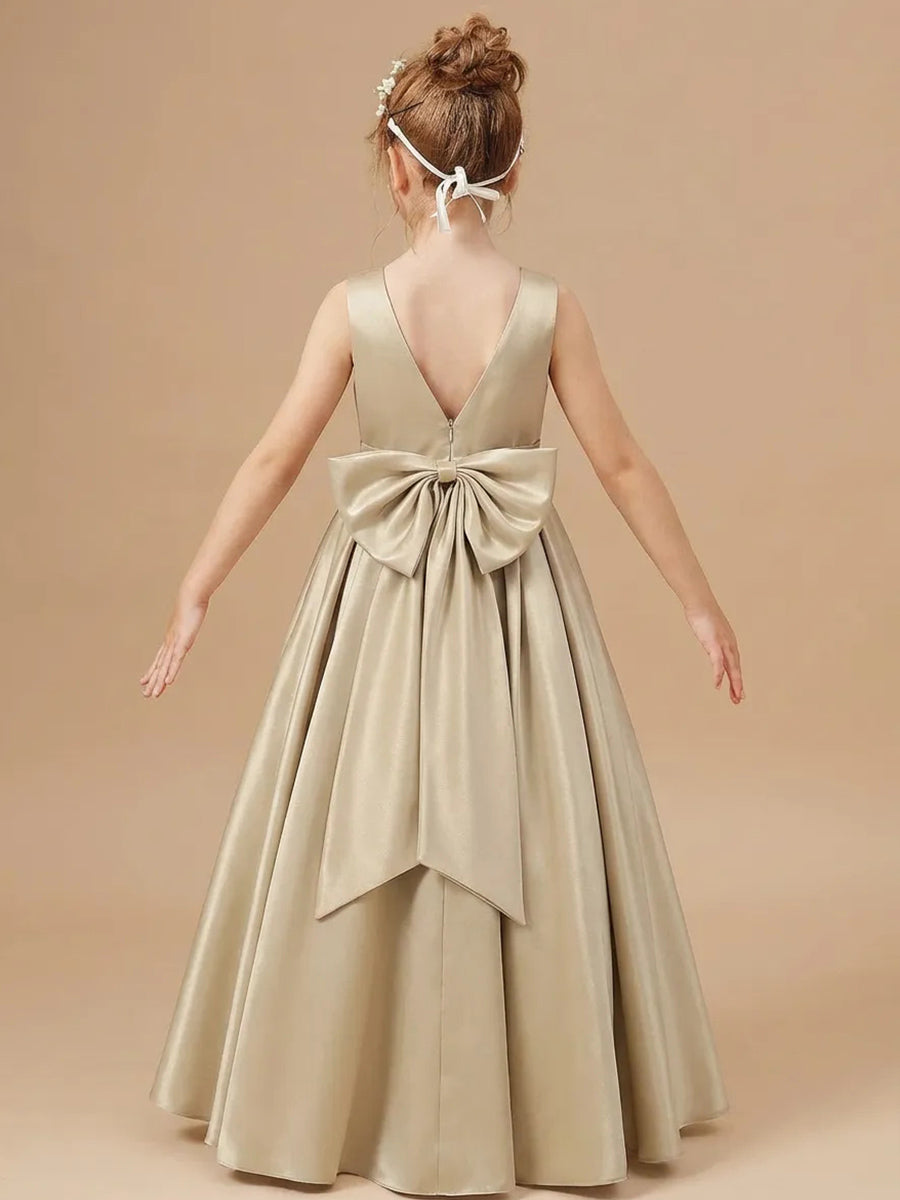 A-line Scoop Bowknot Floor-Length Satin Flower Girl Dress