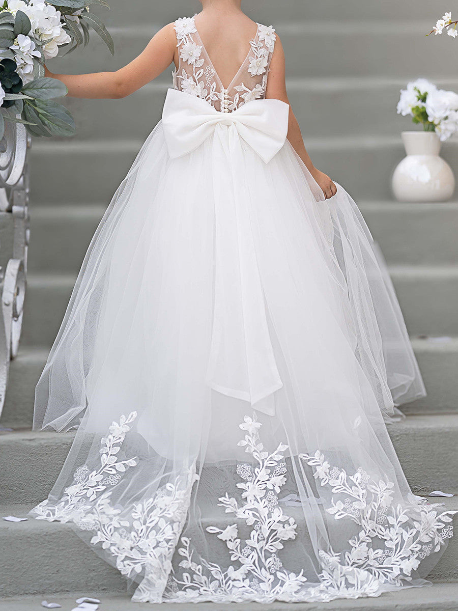 A-line Scoop Applique Sweep Train Tulle Flower Girl Dress