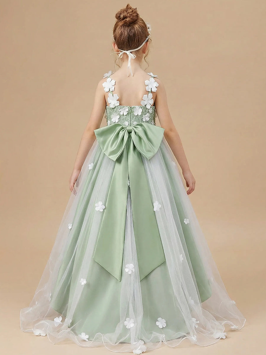 A-line Straps Bowknot Asymmetrical Tulle Flower Girl Dress