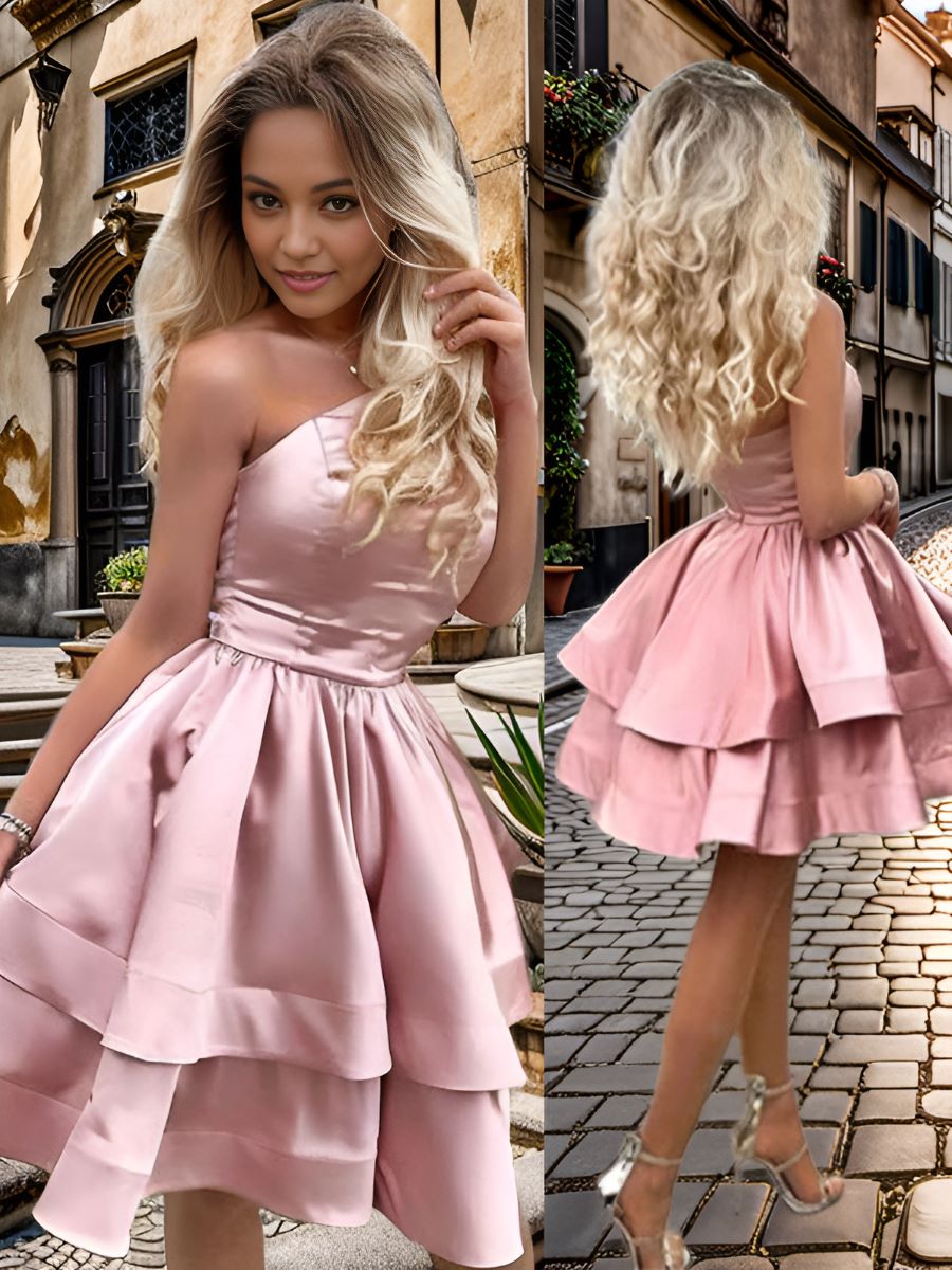 A-line One-Shoulder Ruffles Short/Mini Charmeuse Dress