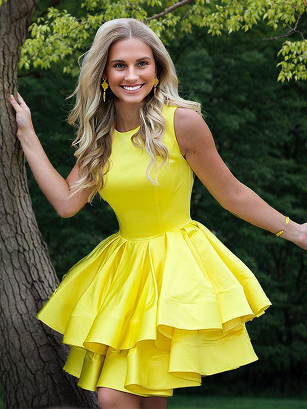 A-line Scoop Ruffles Short/Mini Satin Dress