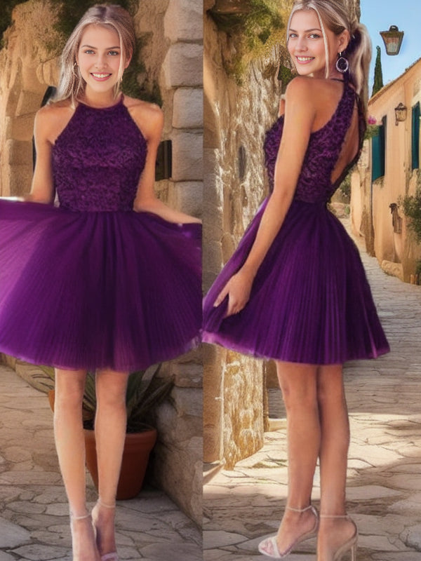 A-line Halter Ruffles Short/Mini Tulle Dress