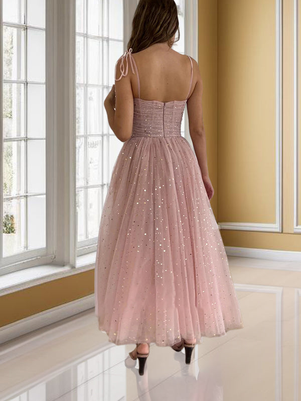 A-line Spaghetti Straps Ruffles Ankle-Length Dress