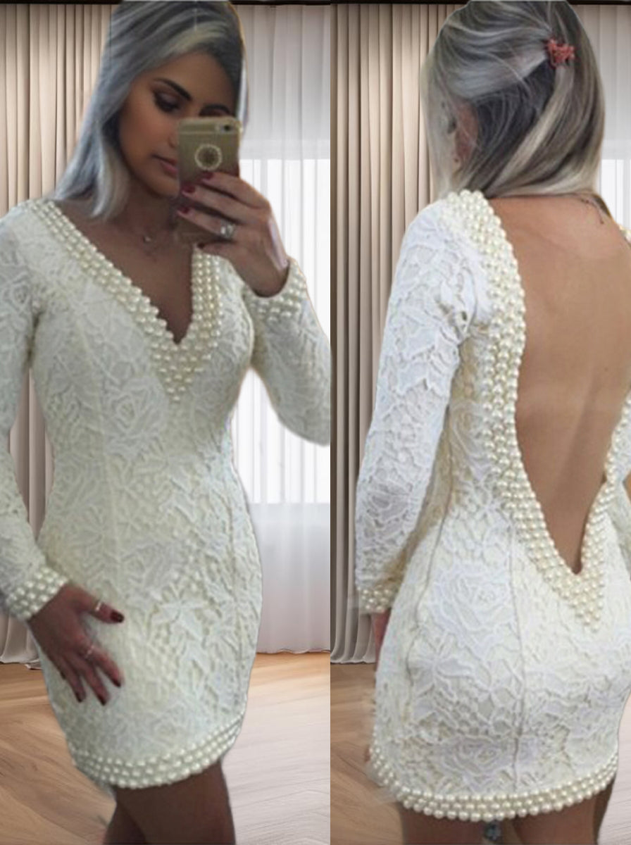 A-line V-neck Long Sleeves Beading Short/Mini Lace Dress