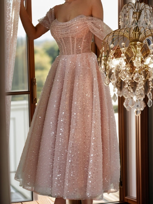 A-line Off-the-Shoulder Pleated Ankle-Length Corset Dress