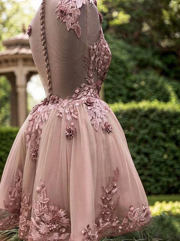 A-line Illusion Appliques Lace Short/Mini Tulle Dress