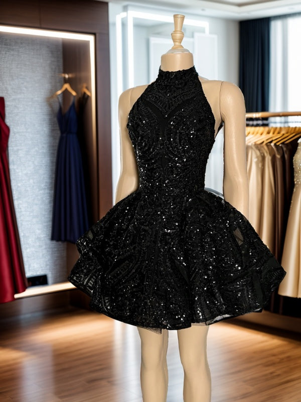 A-line Halter Sequin Short/Mini Lace Dress